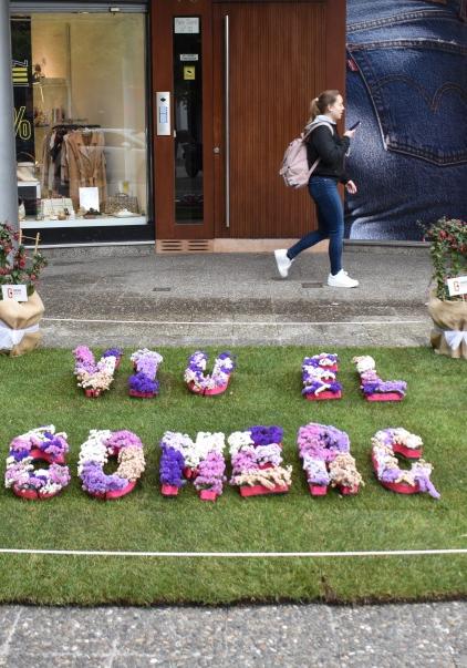 Un quadrat de gespa al terra i sobre un text amb flors que diu: viu el comerç